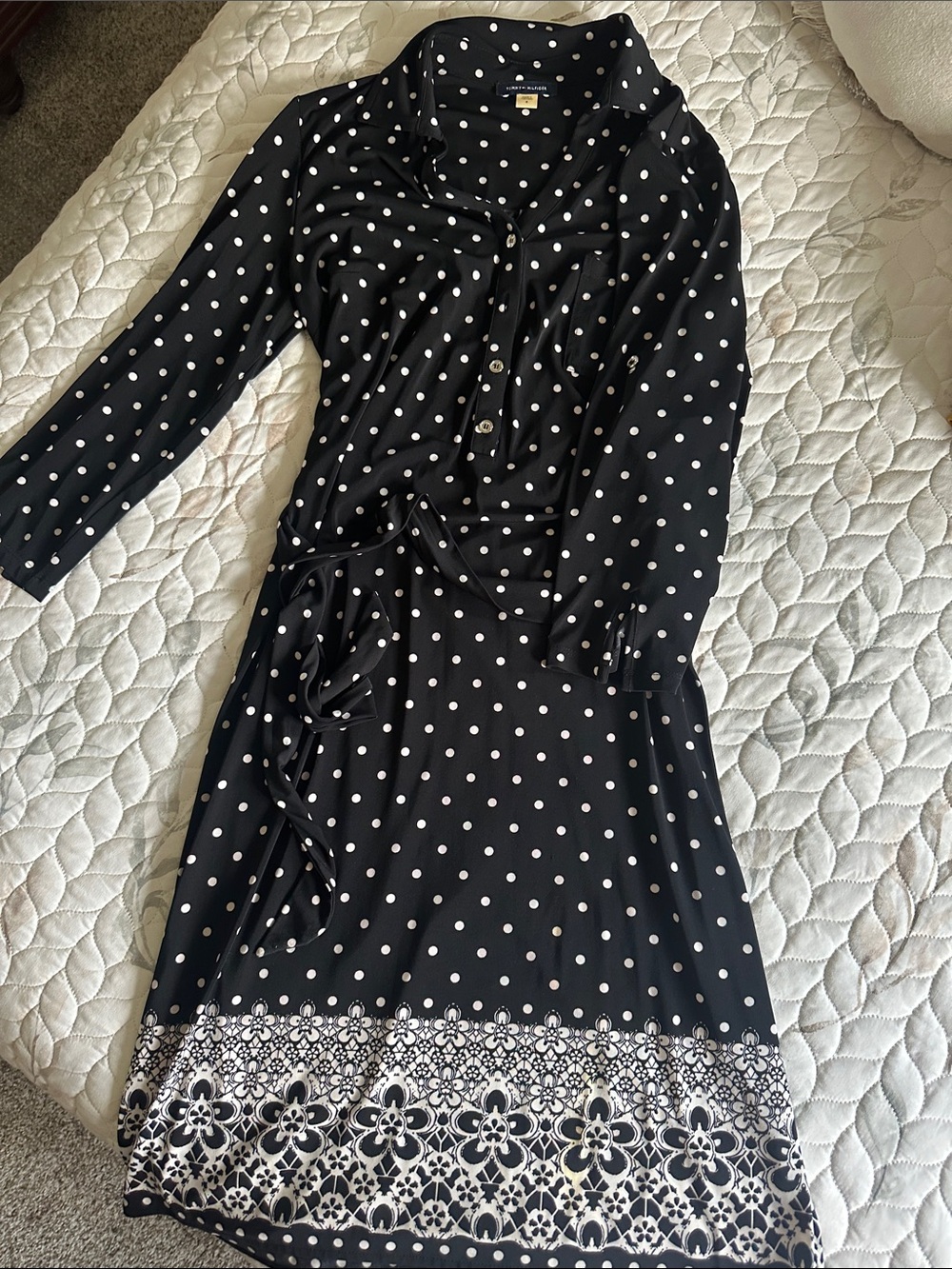 Tommy Hilfiger Black Polka Dot Long Sleeve Dress with Floral Border